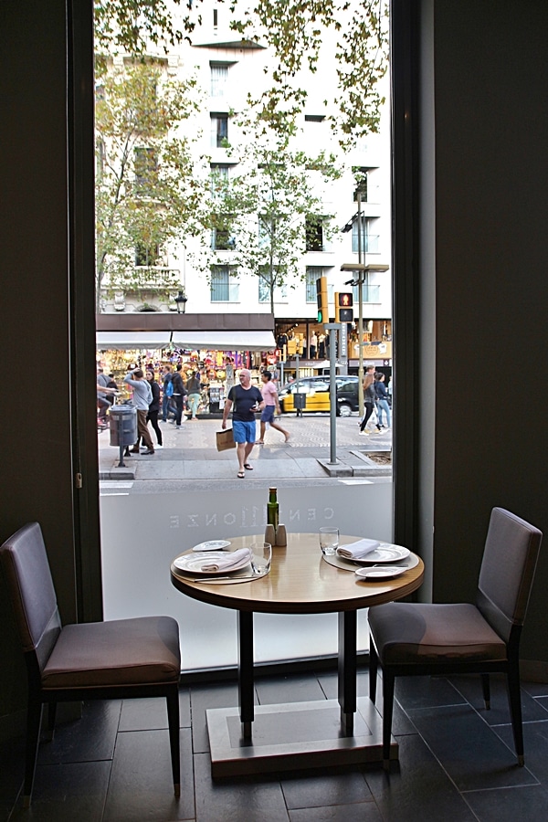 view of Las Ramblas through a restaurant window