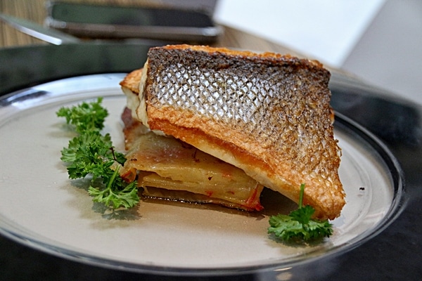 side view of seared fish fillets on a white plate