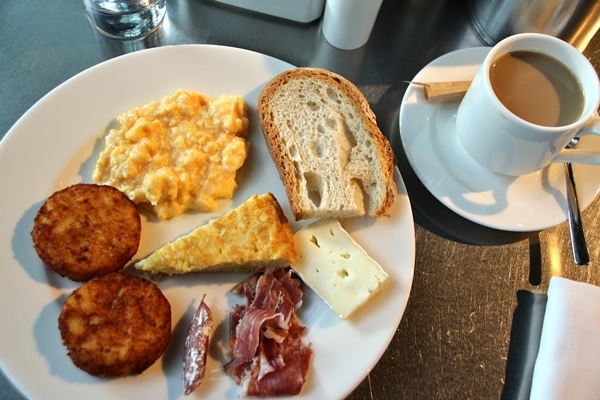 overhead view of a plate of breakfast food