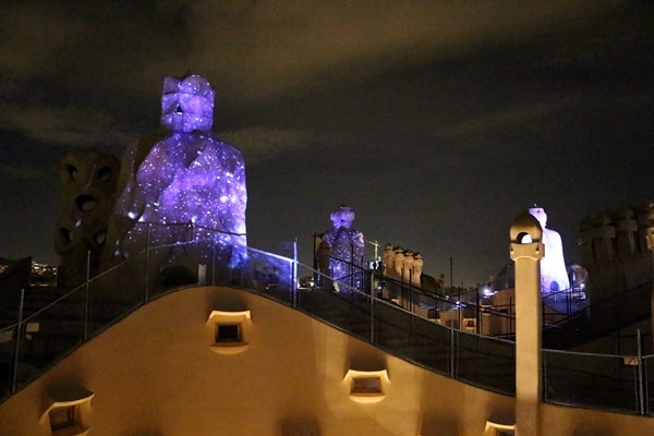 a nighttime light show on the roof of La Pedrera