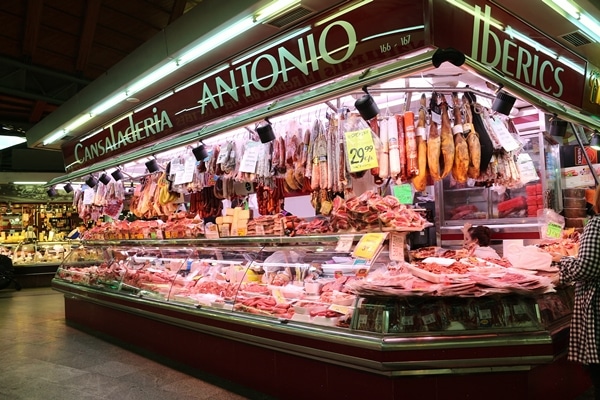 a display of meats in a food market