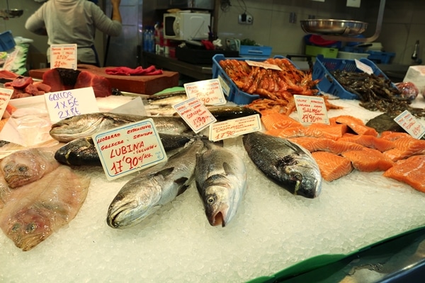 a seafood display on crushed ice