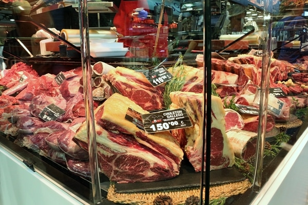 a meat display in a food market