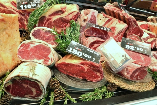 A close up of a meat display in a market