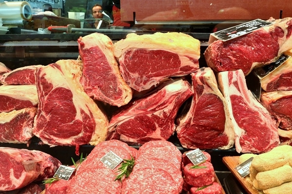 a meat display in a market