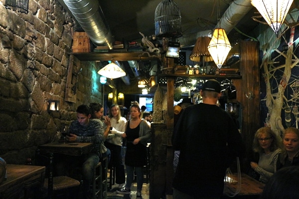 the dark interior of a small restaurant