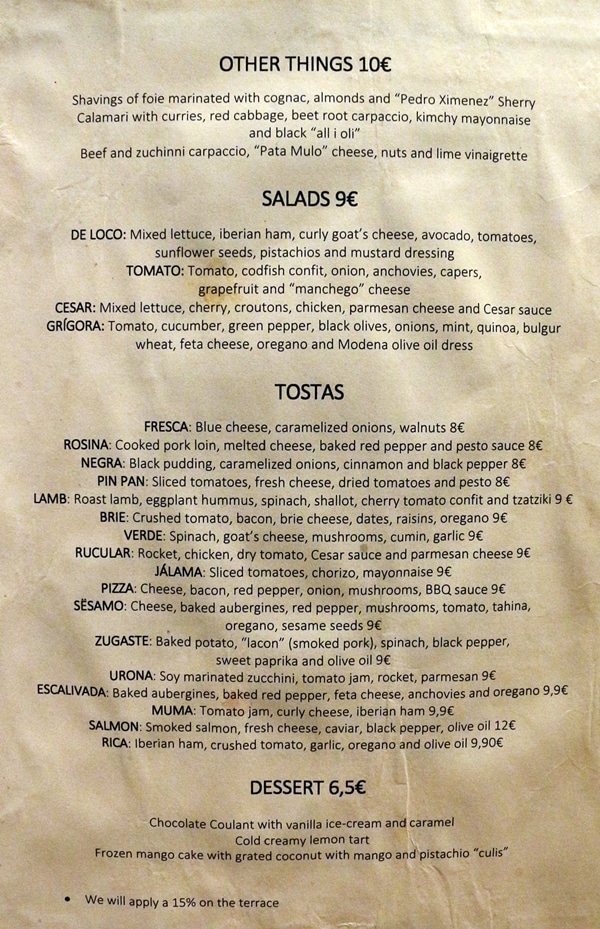 another page of a restaurant menu