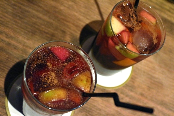 overhead view of 2 glasses of sangria