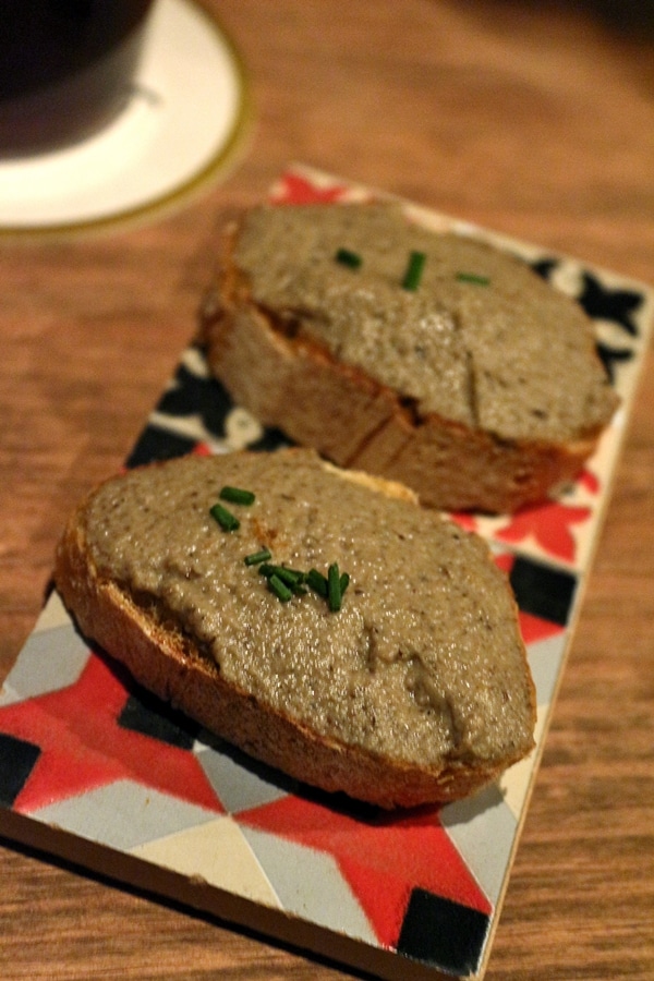 2 toasted pieces of bread topped with mushroom puree