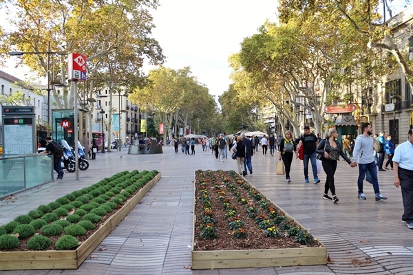 A group of people walking down a pedestrian street