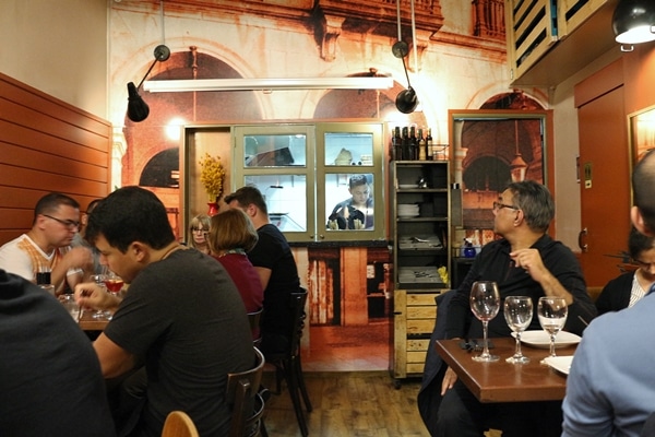 A restaurant dining room filled with people