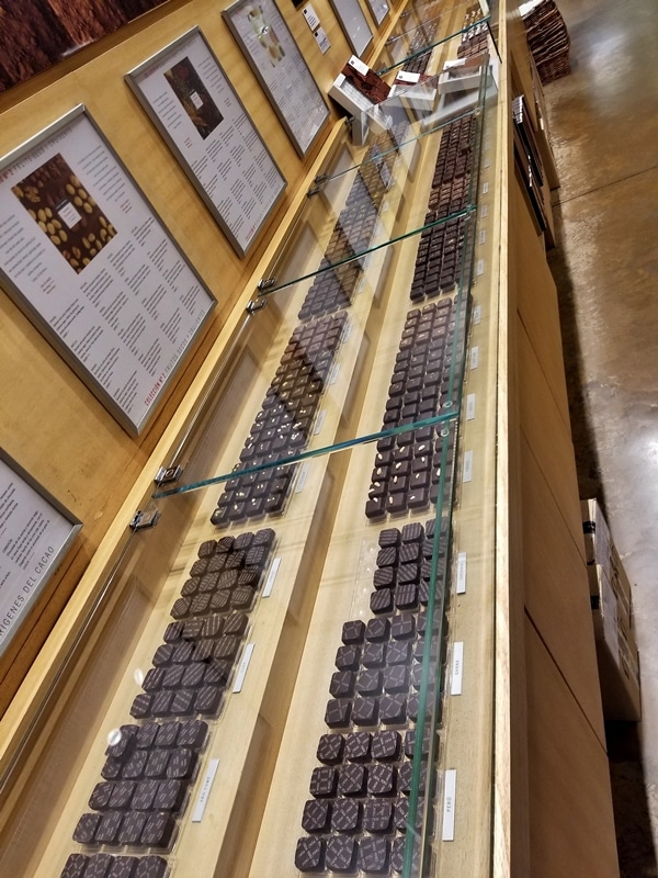 a long display case of chocolate truffles