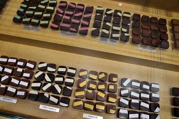 closeup of a display of colorful chocolates