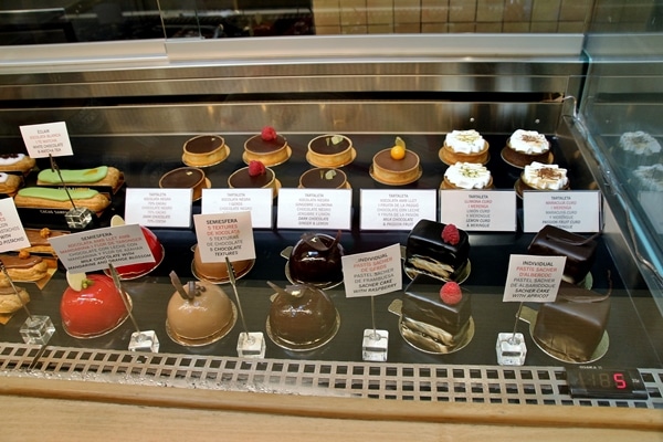 fancy chocolate desserts in a display case