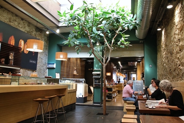 an artificial tree inside a cafe dining room