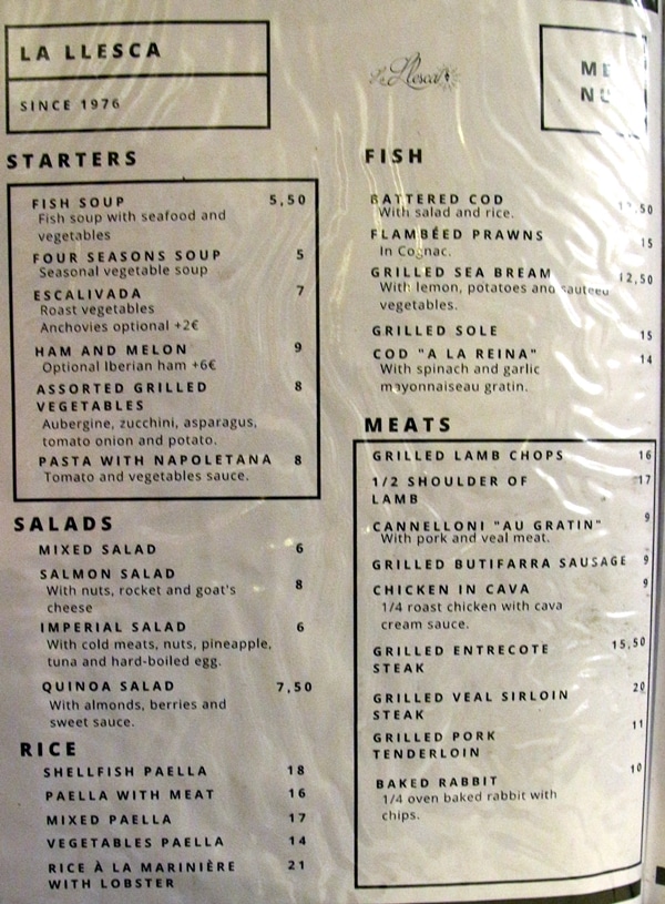 another page of a restaurant menu