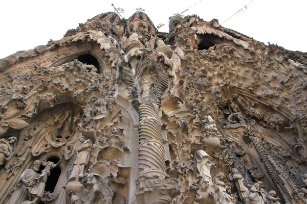 closeup view looking up at Sagrada Familia exterior