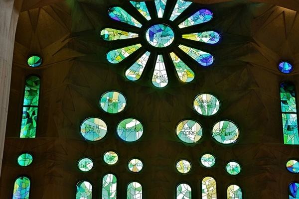 closeup of a stained glass window in a church