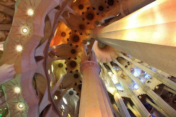 view looking up a couple of columns inside a large church