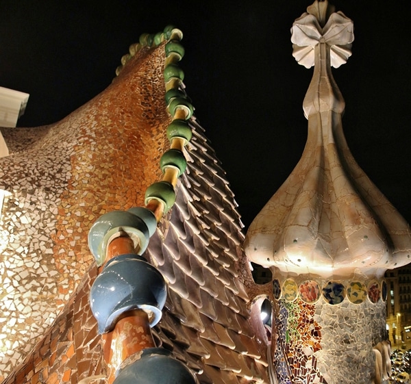 closeup of a colorful mosaic rooftop at night