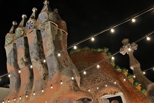 night view of the colorful mosaic Casa Batlló rooftop