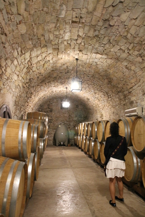 A large stone room filled with wine barrels