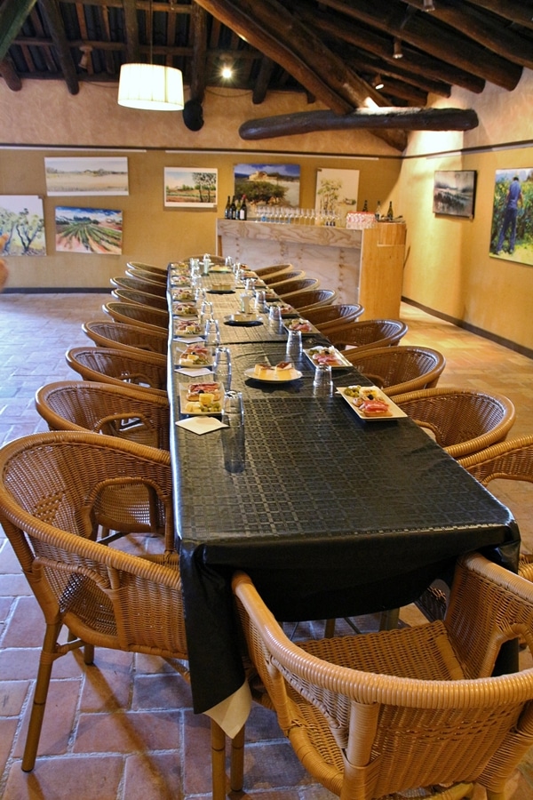 A long dining table lined with chairs