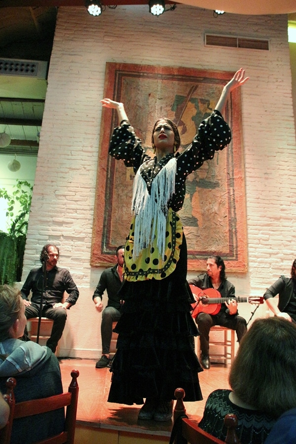a female flamenco dancer with her hands in the air