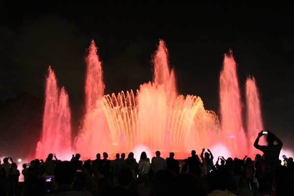 nighttime view of a colorful water fountain