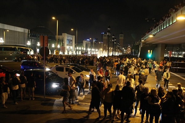a crowded street at night