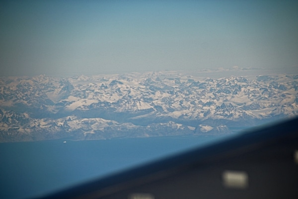 view of Greenland from an airplane window