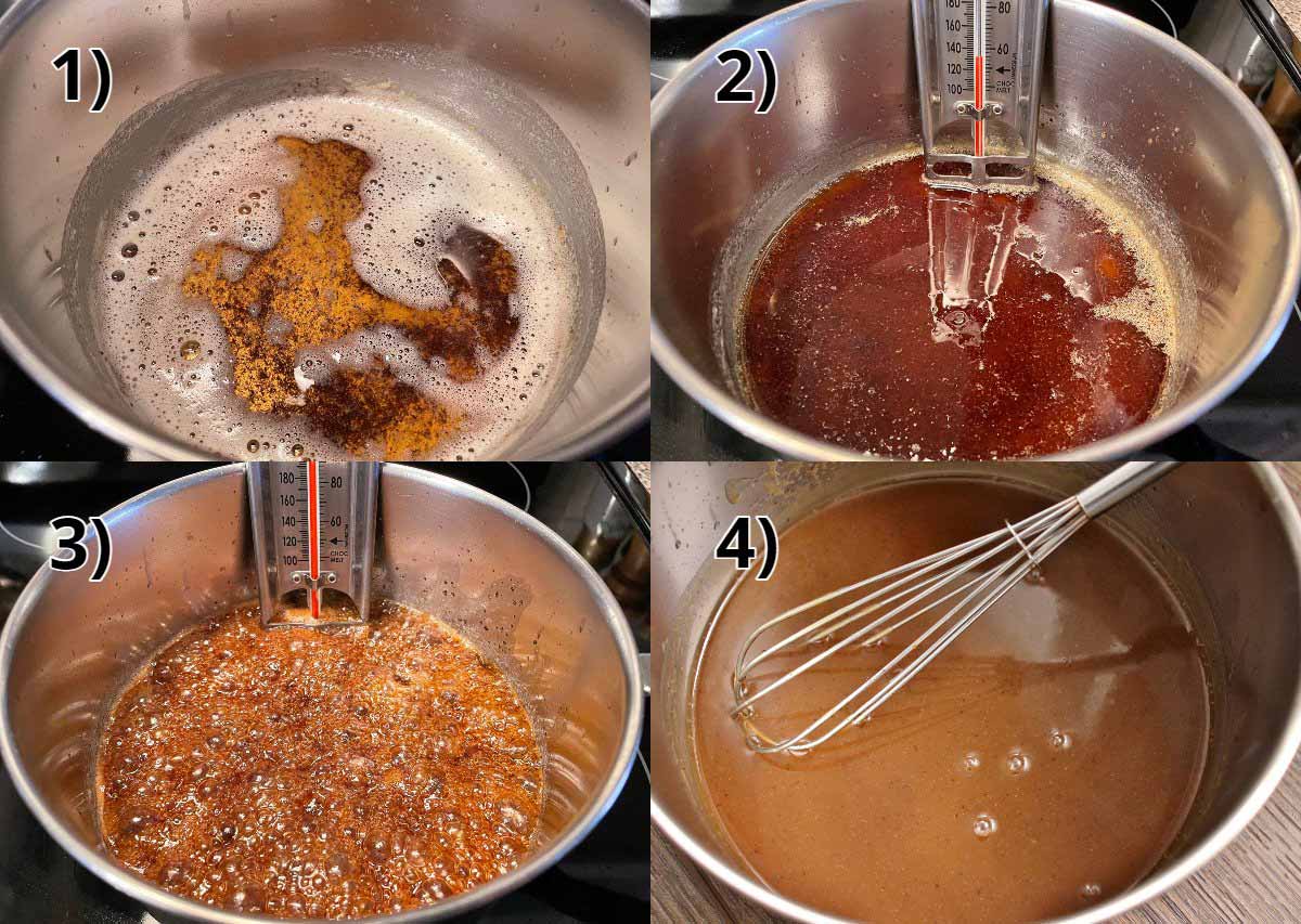 Step-by-step photos of how to make brown butter butterscotch in a saucepan.