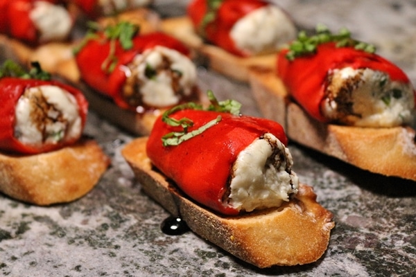 goat cheese stuffed piquillo peppers on bruschetta