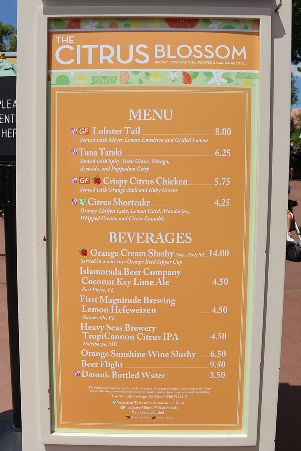 a menu board for The Citrus Blossom