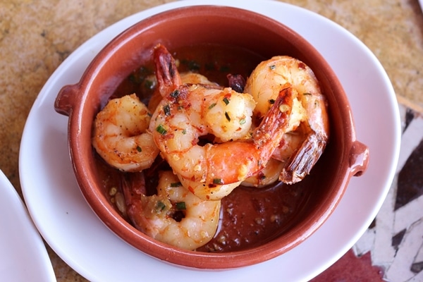 overhead view of a dish of shrimp