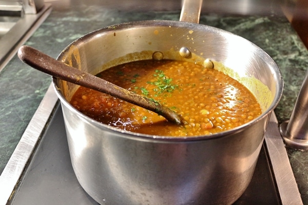 closeup of a pot of lentil soup