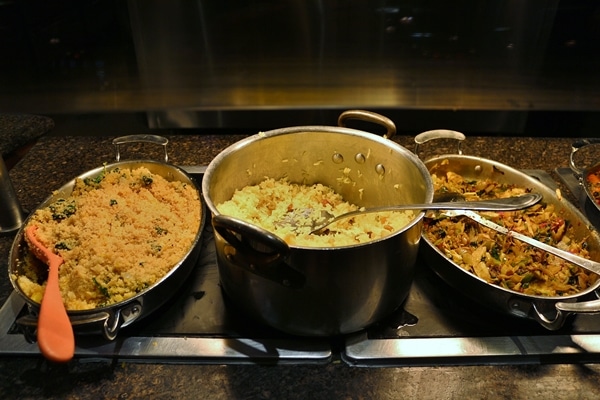 pots of food on a buffet line