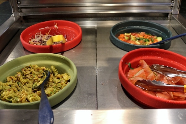 various foods on a buffet line