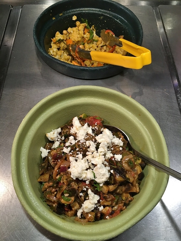 various salads on a buffet line