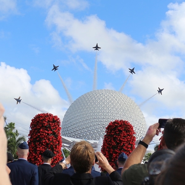 The Blue Angels flying over Spaceship Earth in Epcot