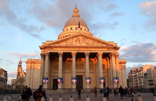 front view of the Panthéon in Paris at dusk