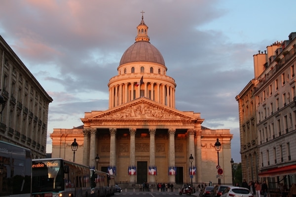 wide view of the Pantheon in Paris at sunset