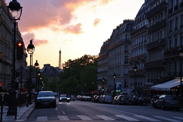 A view of a city street at dusk