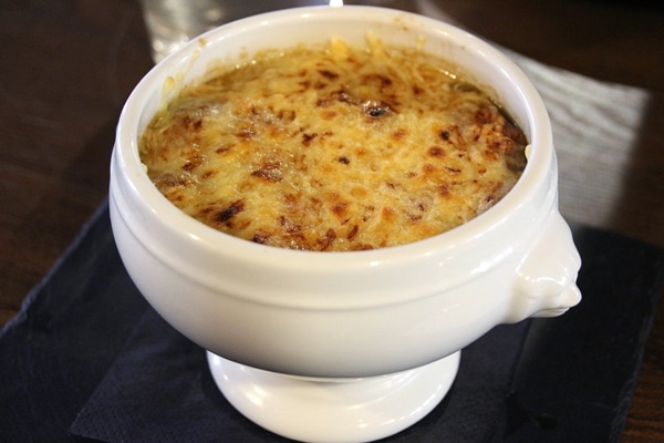 French onion soup in a white bowl