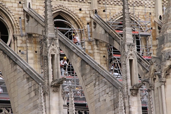 people doing construction on Notre Dame Cathedral