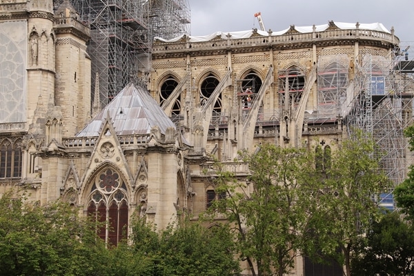 view of Notre Dame Cathedral after fire burned its roof