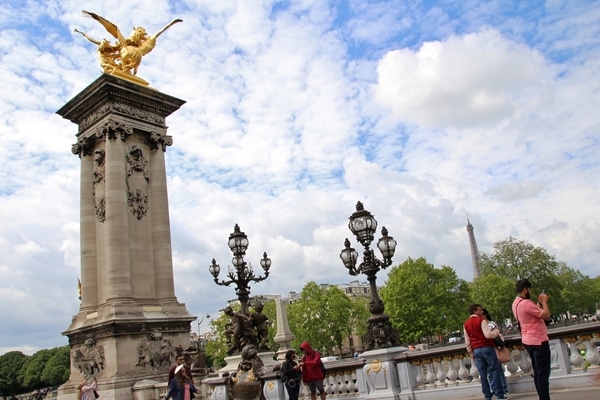 A group of people on a Parisian bridge