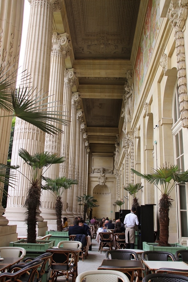 outdoor restaurant seating with tall columns and palm trees