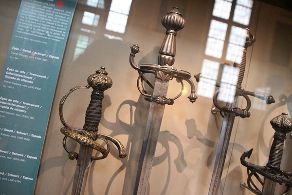 A close up of swords