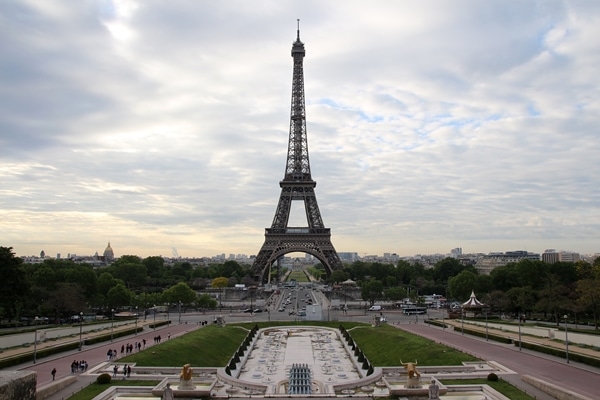 the Eiffel Tower with a dry fountain in front of it